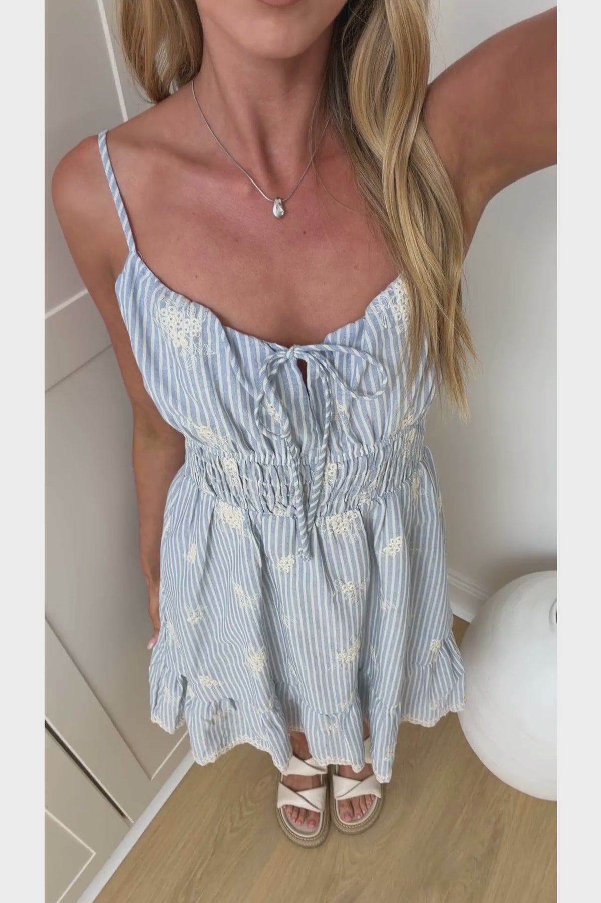 Scottie Mini Dress - Embroidered Stripe Smocked Waist Sun Dress with Pockets Blue