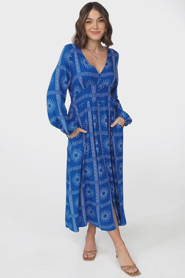 Bello Midi Dress - Button Through Dress with Balloon Sleeves in Astra Print Blue