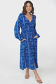 Bello Midi Dress - Button Through Dress with Balloon Sleeves in Astra Print Blue