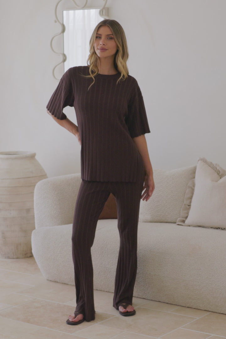 Lisette Set - Ribbed Knit Crew Neck Top and Subtle High Waisted Flared Tights in Chocolate