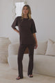 Lisette Set - Ribbed Knit Crew Neck Top and Subtle High Waisted Flared Tights in Chocolate