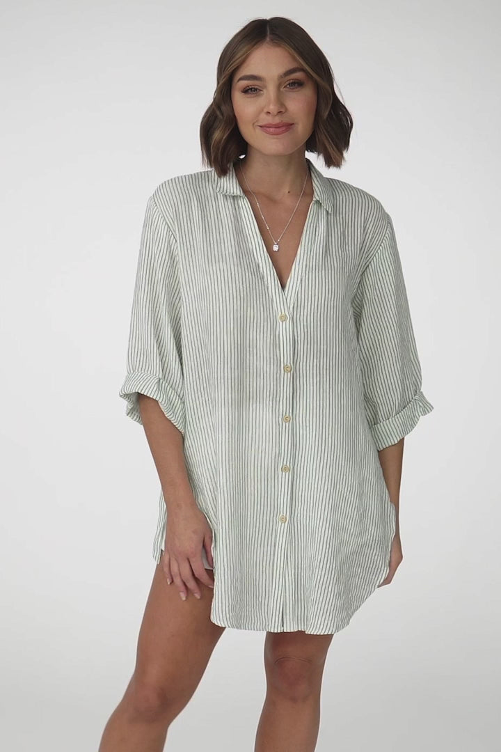 Beachly Stripe Shirt - Pin Stripe Relaxed Button Down Shirt in Green