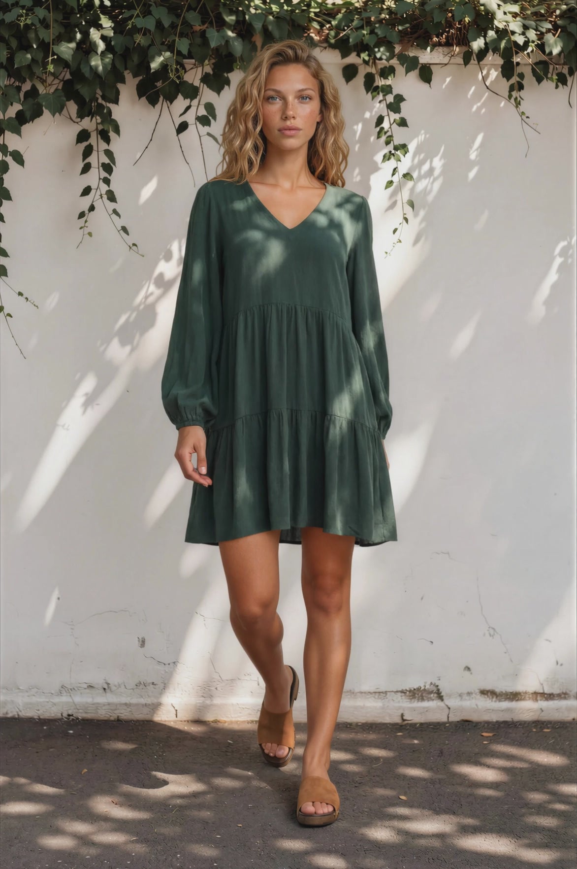 Leah Mini Dress - Soft V Neck Tiered Dress with Long Balloon Sleeves and Pockets in Green