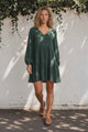 Leah Mini Dress - Soft V Neck Tiered Dress with Long Balloon Sleeves and Pockets in Green