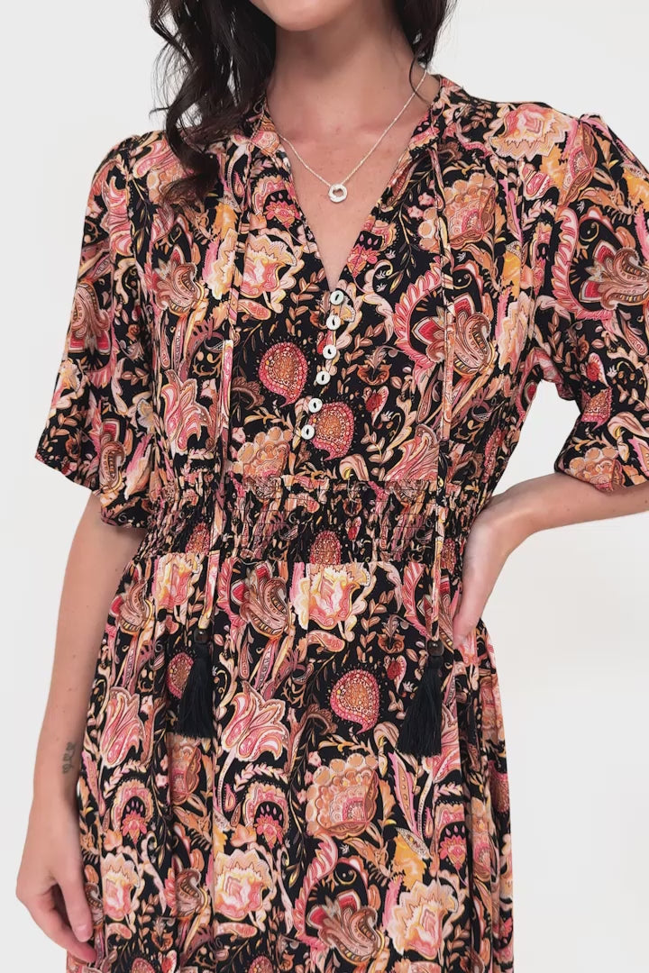 Jemina Maxi Dress - V-Neck Elasticated Waist A-Line Dress in Pree Print Black