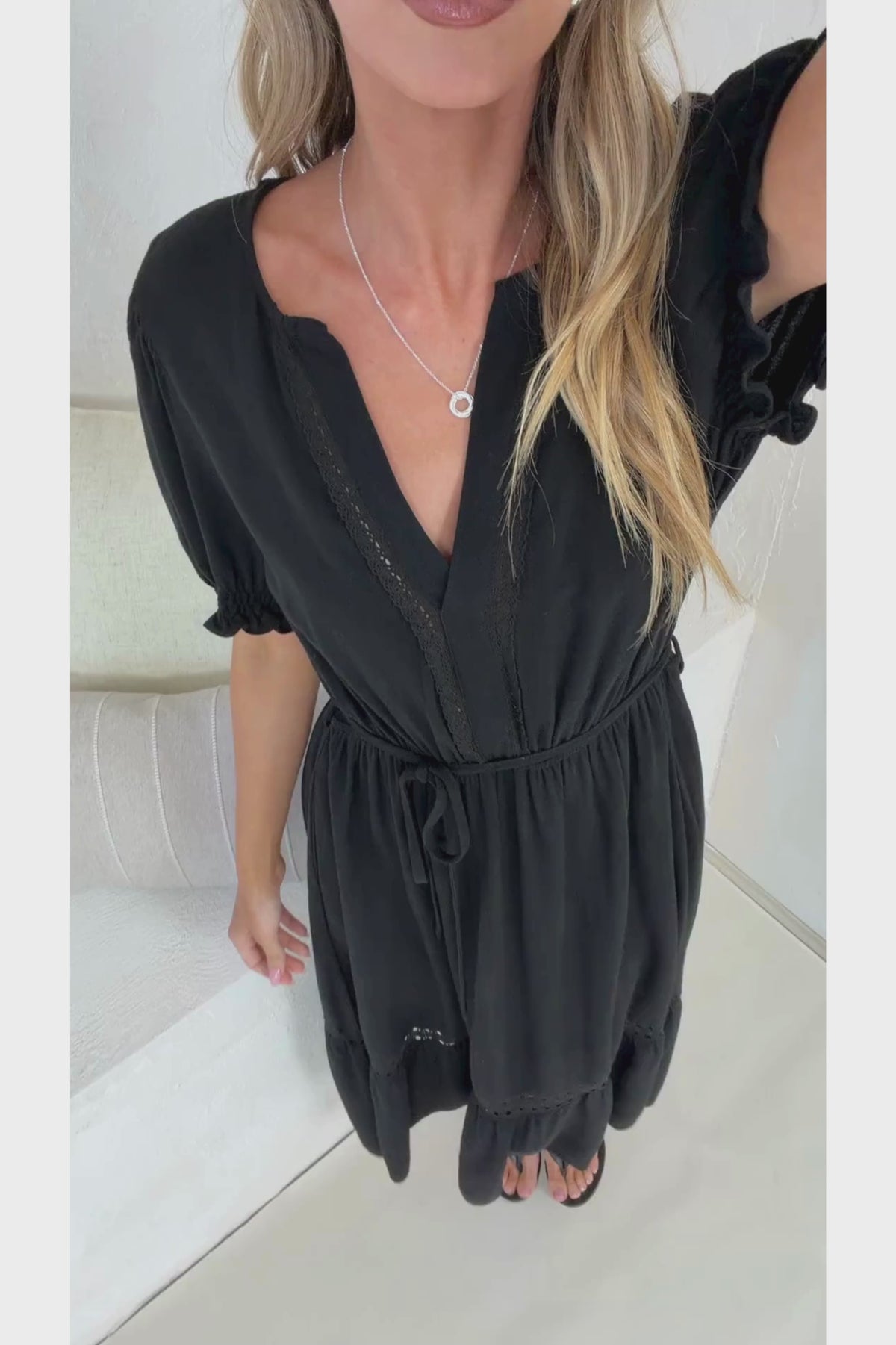 Tilly Midi Dress - Split Collar A Line Dress with Lace Inserts and Short Balloon Sleeves in Black