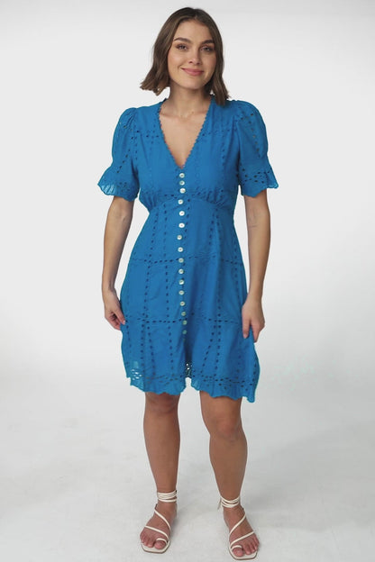 Lumi Mini Dress - Embroided Short Sleeve A Line Dress with Button Decal in Blue