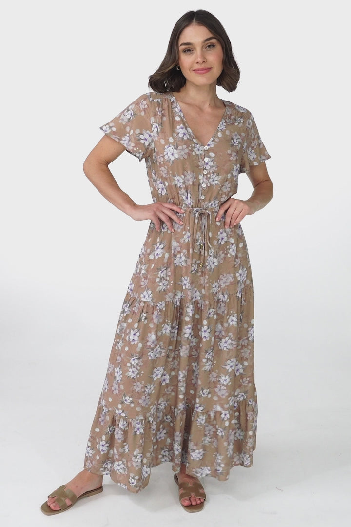 Hanna Maxi Dress - Cap Sleeve Tiered A Line Dress with Toggle Detailed Waist Tie in Ishaka Print Beige