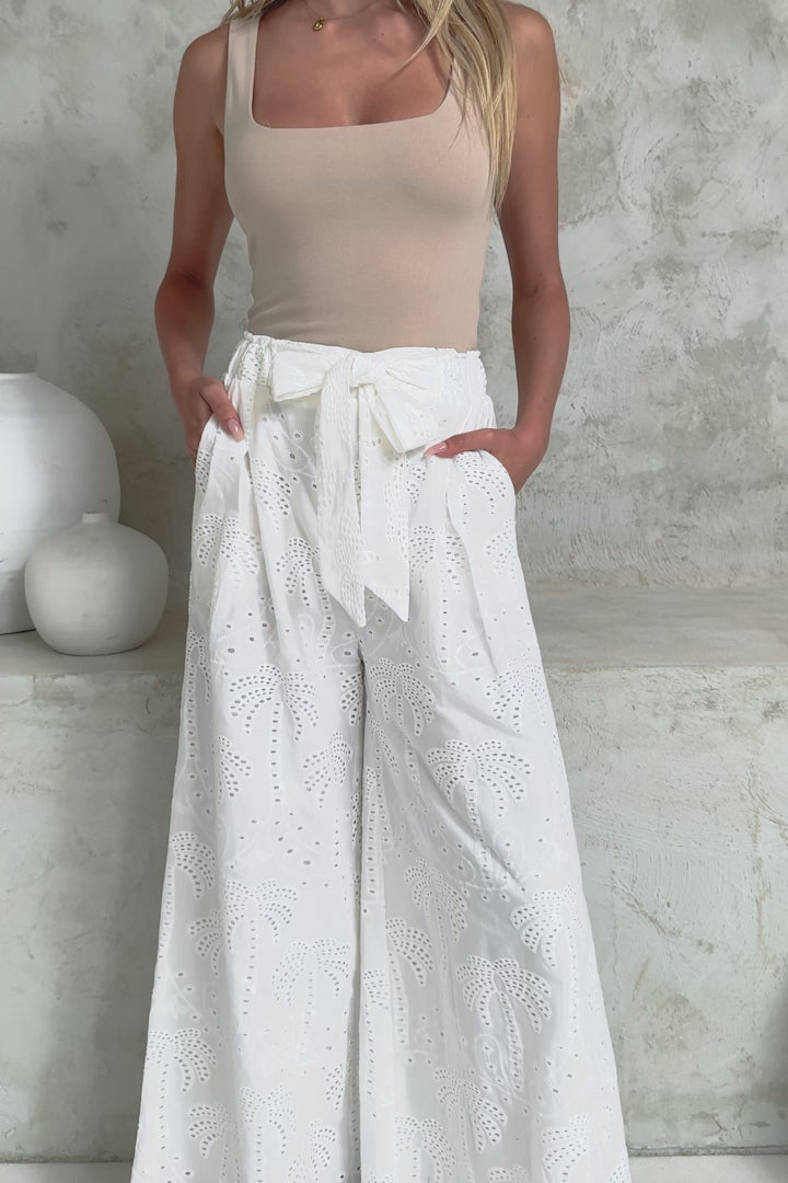 Ardena Pants - High Waisted Eyelet Embroidered Wide Leg Pants with Waist Tie in White