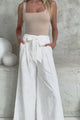 Ardena Pants - High Waisted Eyelet Embroidered Wide Leg Pants with Waist Tie in White