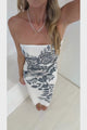 Liberty Maxi Dress - Strapless Mesh Overlay A Line Dress in Mazarine Print Navy