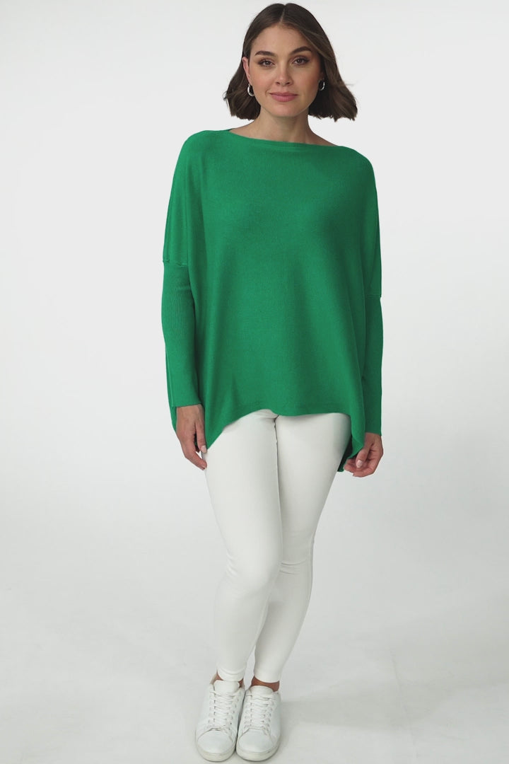 Belinda Knit Top - Boat Neckline Boxy Batwing Top in Green