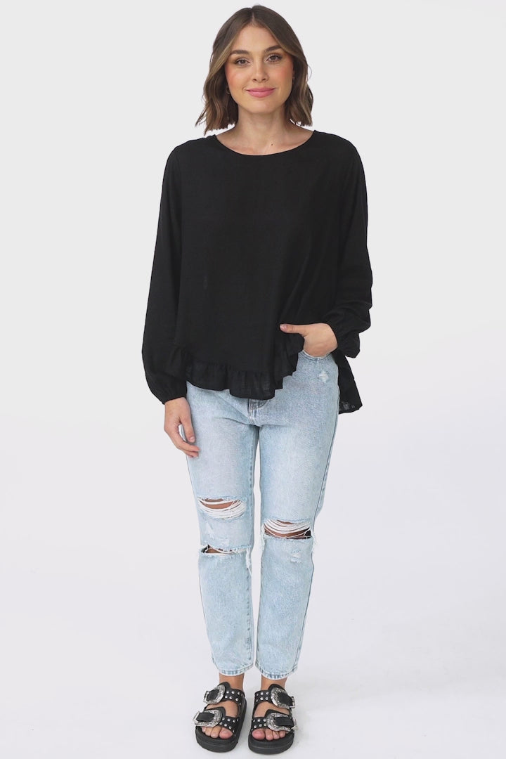 Solara Top - Crew Neck Linen Blend Frill Hemmed Top in Black