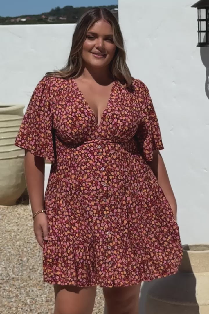 Sana Mini Dress - Bell Sleeve Button Down V Neck Dress in Rosina Print