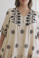 Patty Mini Dress - V-Neck Embroidered Babydoll Dress with 3/4 Sleeves in Solsana Print in Black