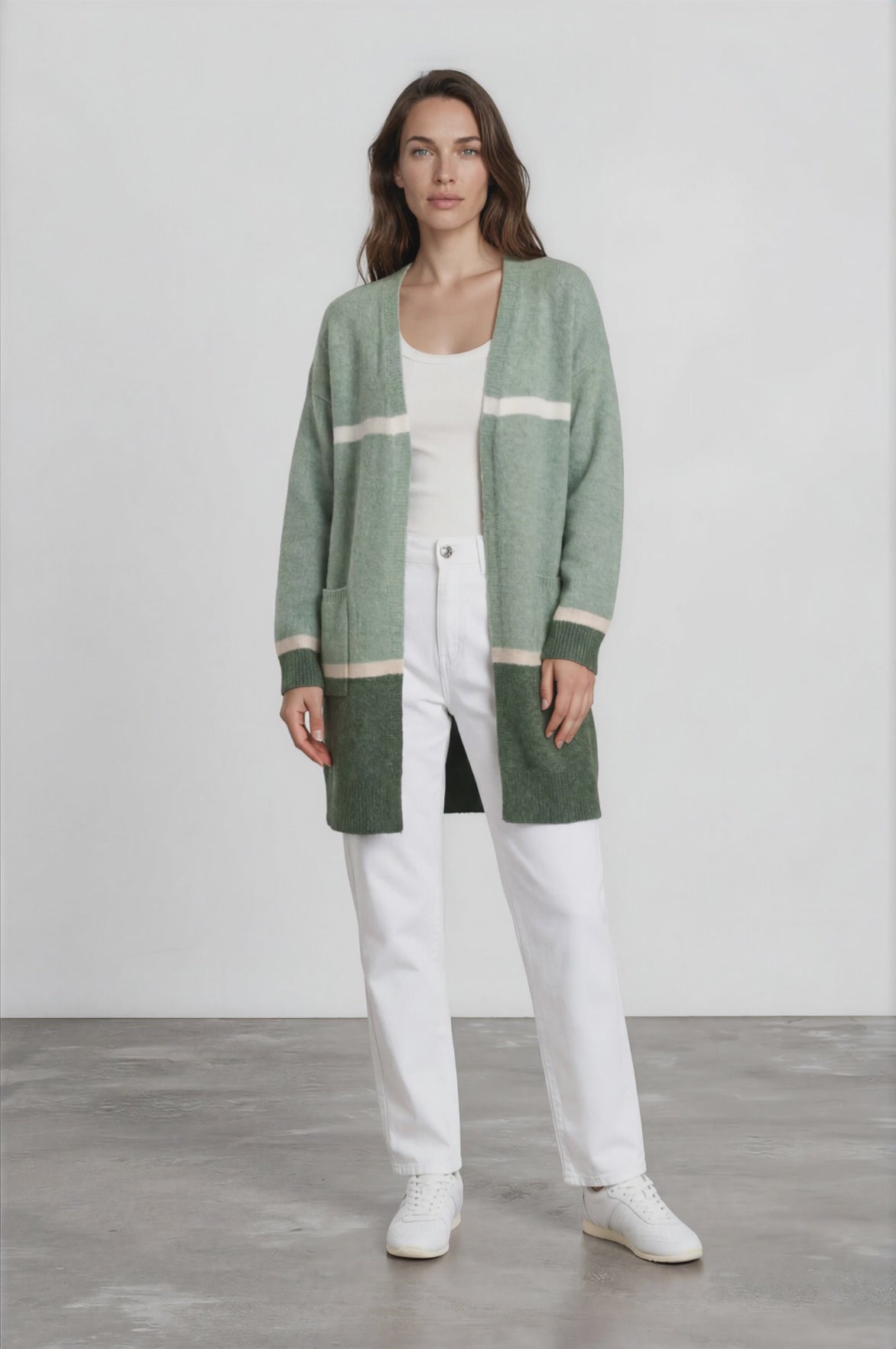 Saylor Cardigan - Open Front Stripe Colour Block Knit with Ribbed Hemlines in Green