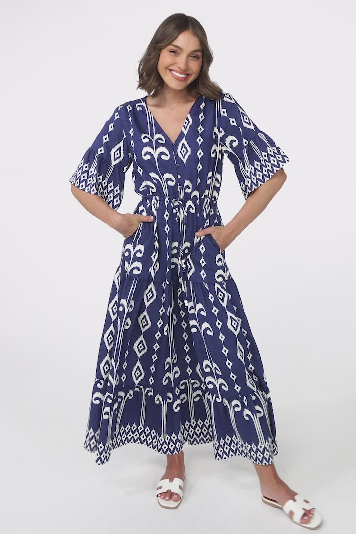 Rae Maxi Dress - Buttoned Bodice Pull Waist A Line Dress in Lark Print Blue