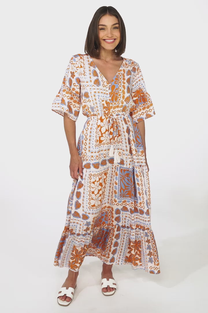 Rae Maxi Dress - Buttoned Bodice Pull Waist A Line Dress in Alphy Print Terracotta