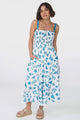 Valoria Midi Dress - Rick Rack Strap Elassicated Bodice Sun Dress in Bayu Print Blue