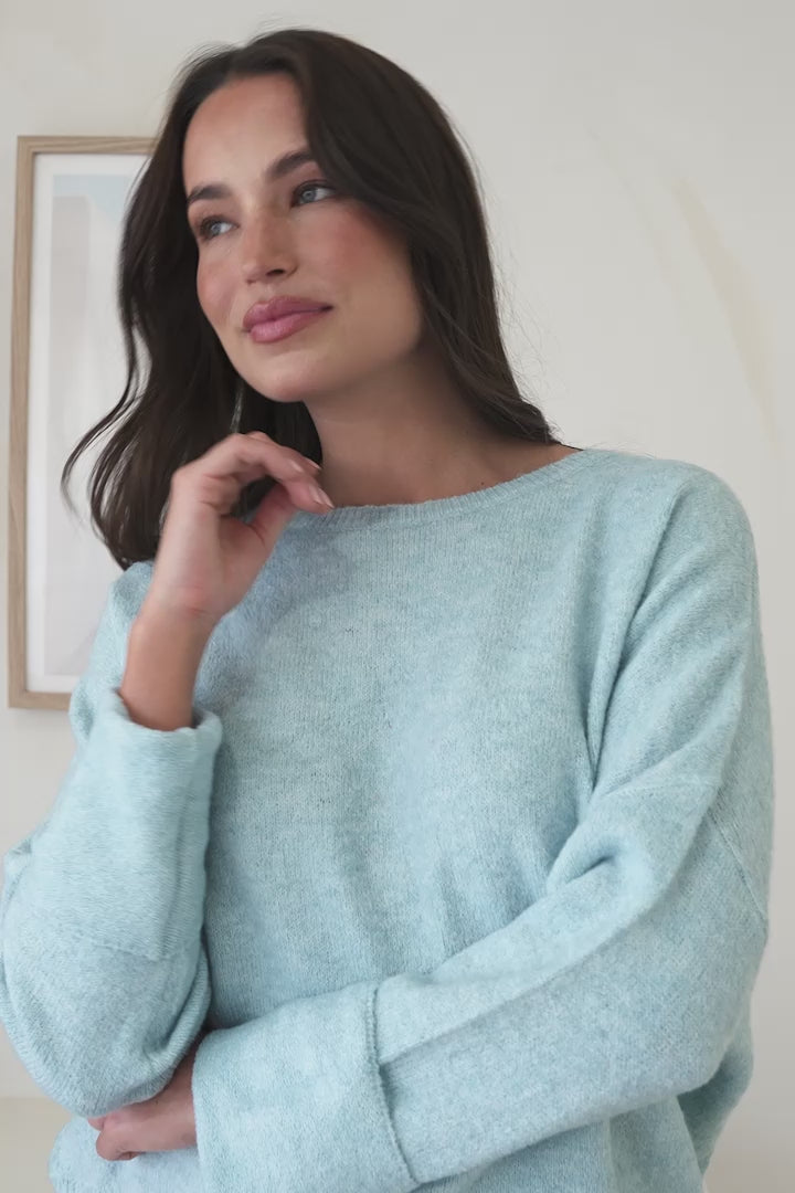 Joanne Knit Top - Crew Neckline Bat Wing Long Sleeve Top in Sky Blue