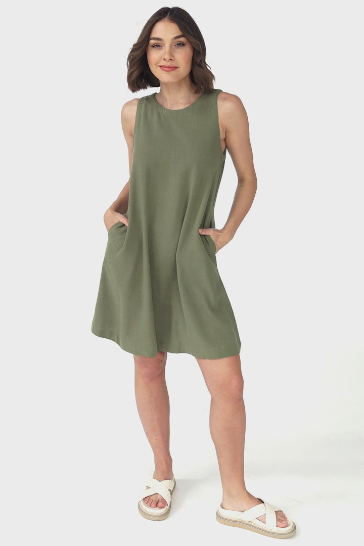 Marcelly Mini Dress - Sleeveless Linen Blend Shift Dress in Green