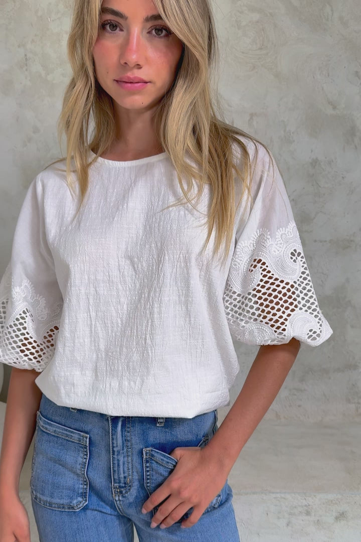 Polly Top - Round Neck Relaxed Top with Cut Out Detailed Balloon Sleeves in White