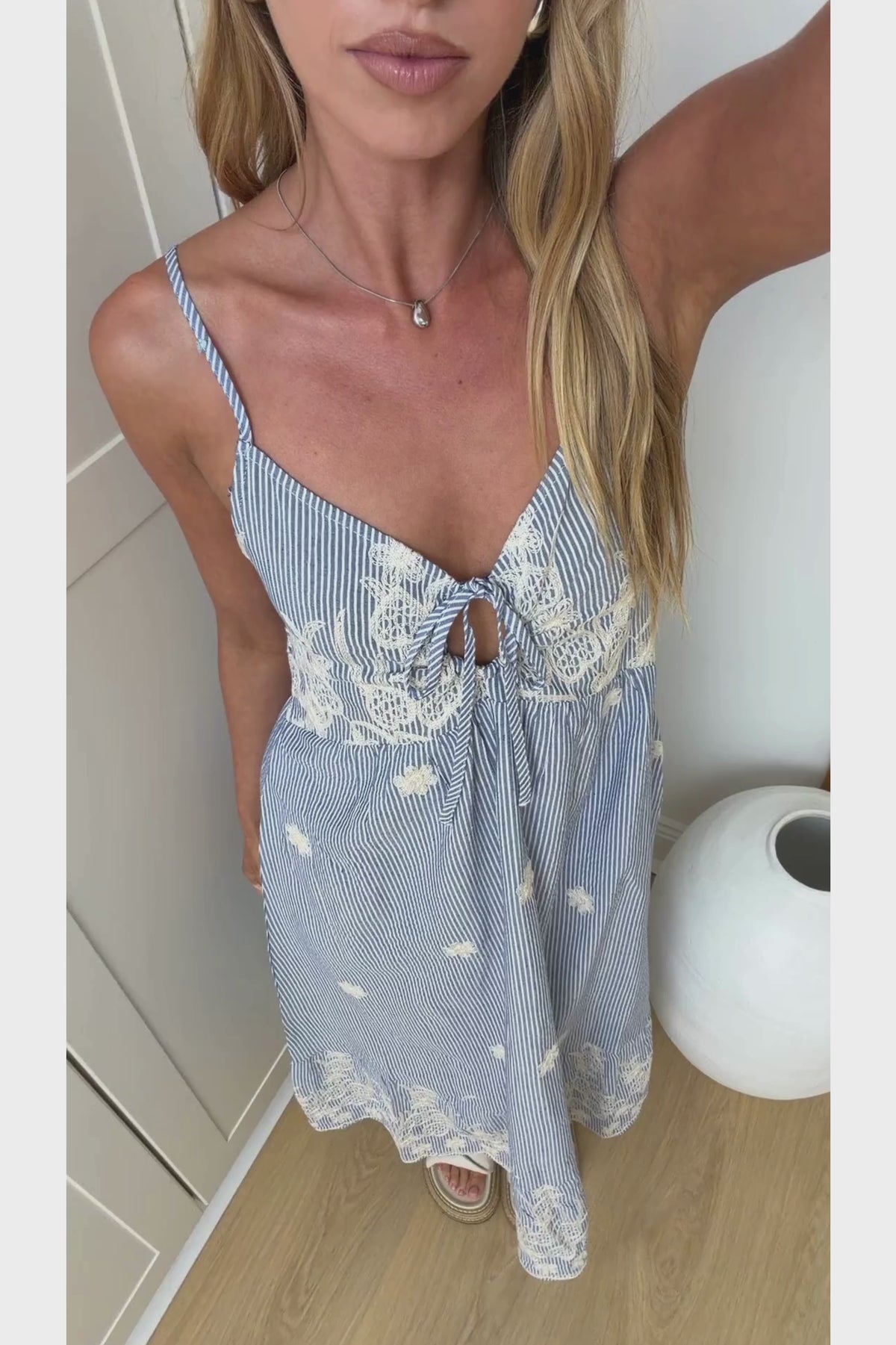 Miller Midi Dress - Tie Front V Neck Embroidered Dress with Pockets in Blue