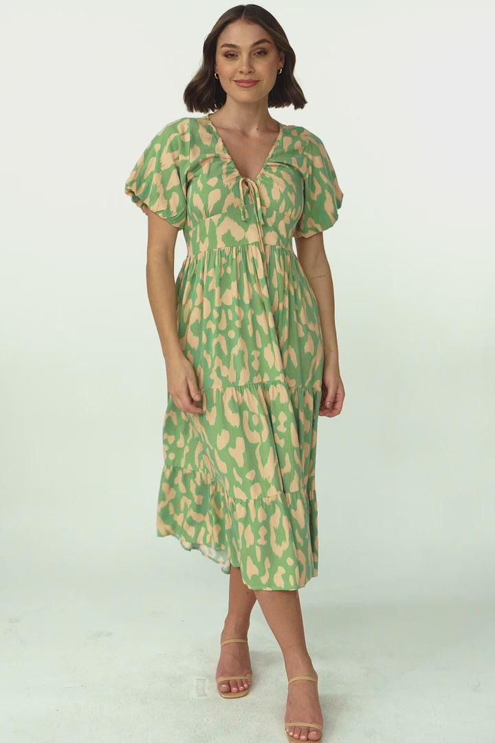 Tea Midi Dress - Pull In V Neckline Dress with Cap Sleeves in Rina Print Lime