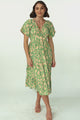 Tea Midi Dress - Pull In V Neckline Dress with Cap Sleeves in Rina Print Lime