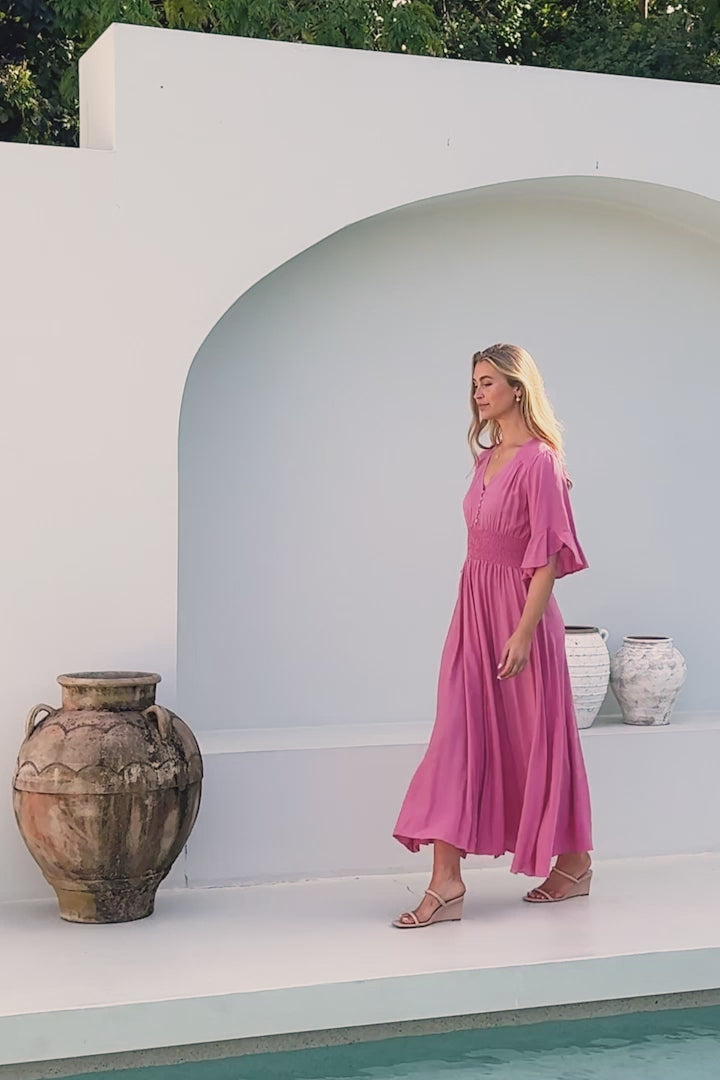 Alba Maxi Dress - Buttoned Bodice A Line Dress with Flute Sleeves in Pink