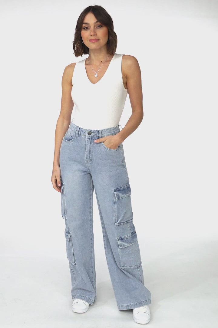 Fletcher Cargo Jeans - Wide Leg High Waist Cargos in Light Denim