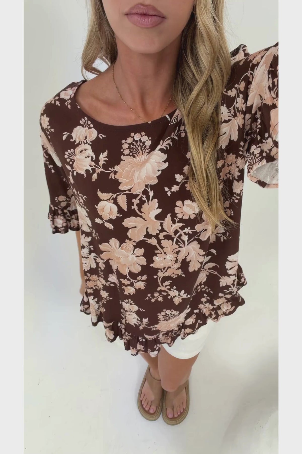Lyra Blouse - Frill Detailed High Low Relaxed Pull Over Blouse in Hollis Print Brown