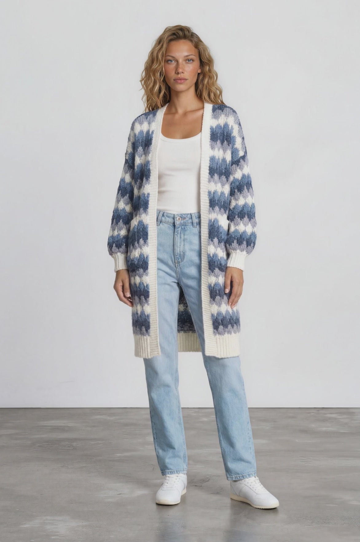 Marlie Cardigan - Open Front Stripe Bubble Knit with Pockets in Blue