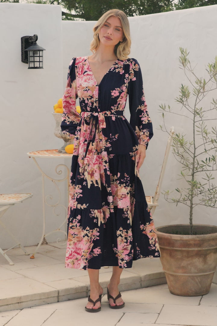 Cassandra Midi Dress - Tiered Long Sleeve Dress with Waist Tie in Vela Print Navy