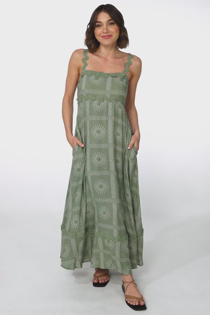 Bailie Maxi Dress - Rick Rack Detailed Sun Dress with Pockets Astra Print in Green