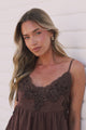 Justinie Cami - Lace Trim Babydoll Cami with Adjustable Spaghetti Straps in Chocolate