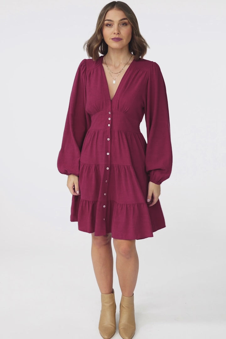 Soho Mini Dress - A Line Button Down Tiered Dress in Berry