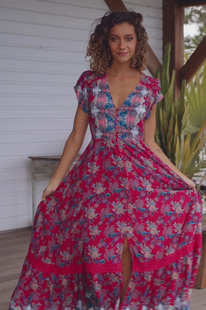 JAASE - Carmen Maxi Dress: Butterfly Cap Sleeve Button Down A Line Dress with Lace Trim in Strawberry Kiss Print