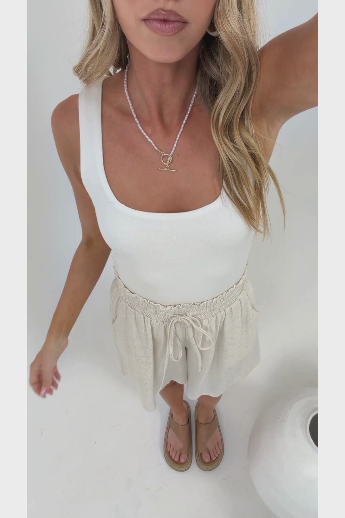 Aiden Shorts - High Waisted Longline Linen Shorts with Pockets in Beige
