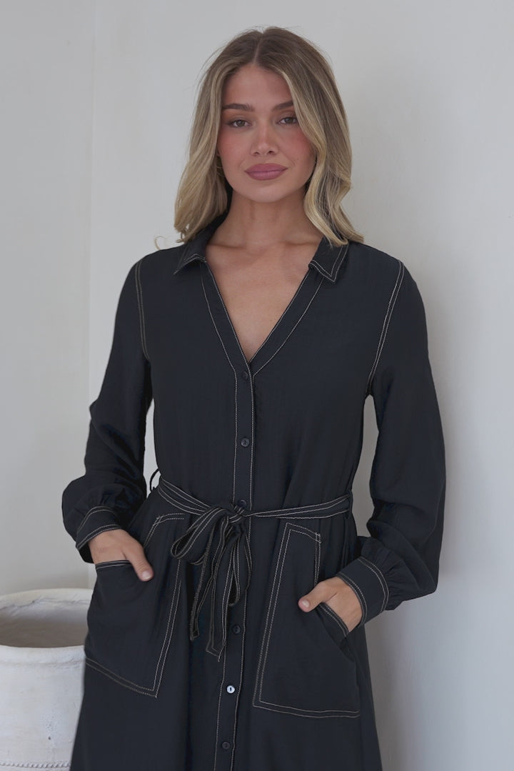 Maria Midi Dress - Wing Collar V Neck Contrast Stitch Shirt Dress with Balloon Sleeves and Belt in Indigo