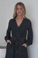 Maria Midi Dress - Wing Collar V Neck Contrast Stitch Shirt Dress with Balloon Sleeves and Belt in Indigo