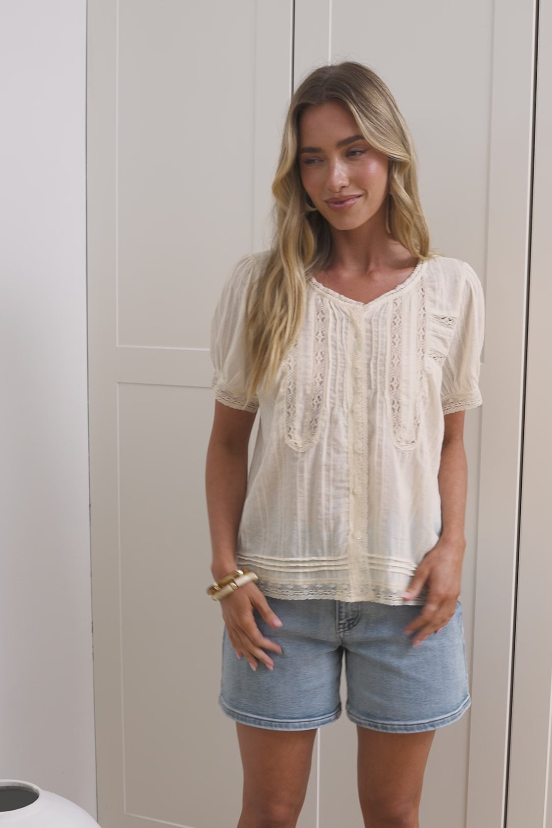 Olivine Top - V Neck Button Down with Short Sleeves and Lace Trims in Cream