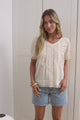 Olivine Top - V Neck Button Down with Short Sleeves and Lace Trims in Cream