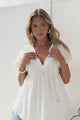 Bialah Top - V Neck Crochet Lace Yoke Flutter Sleeve Top in White