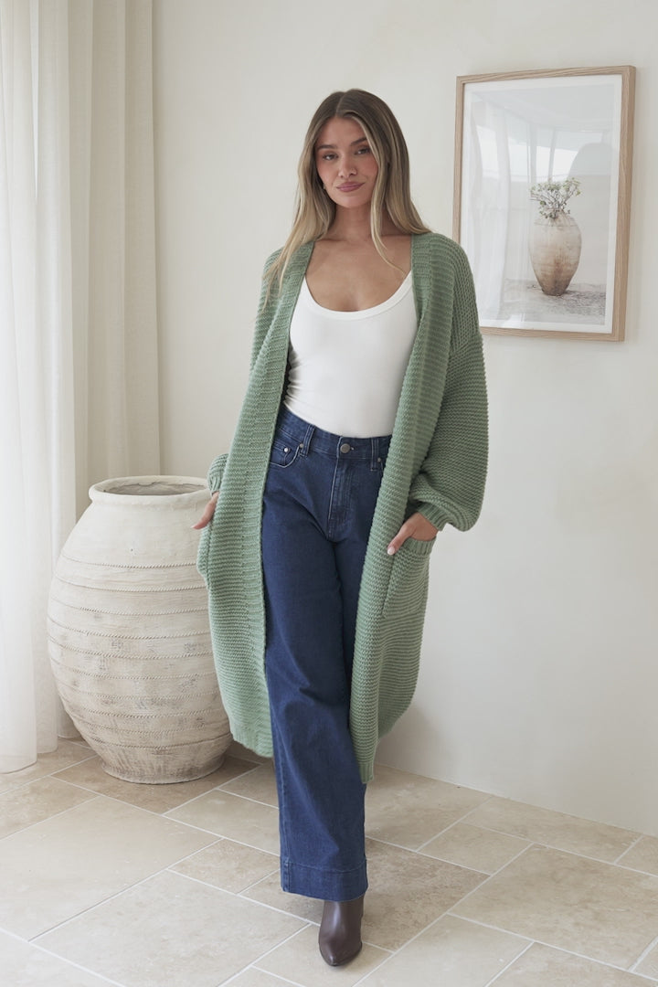 Jacky Cardigan - Ribbed Longline Knit with Balloon Sleeves and Pockets in Sage