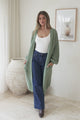 Jacky Cardigan - Ribbed Longline Knit with Balloon Sleeves and Pockets in Sage