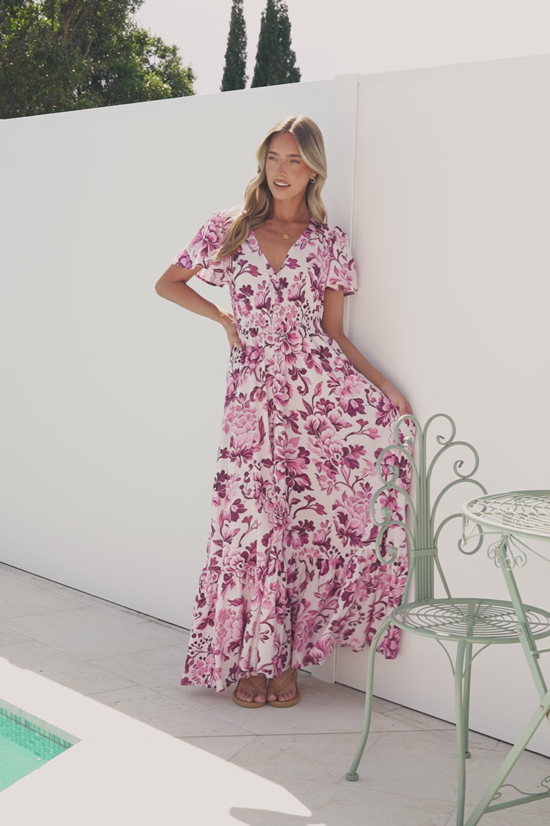 Kali Maxi Dress - Button-front Dress with Flutter Sleeves and Front Split in Quest Print Pink