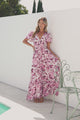 Kali Maxi Dress - Button-front Dress with Flutter Sleeves and Front Split in Quest Print Pink