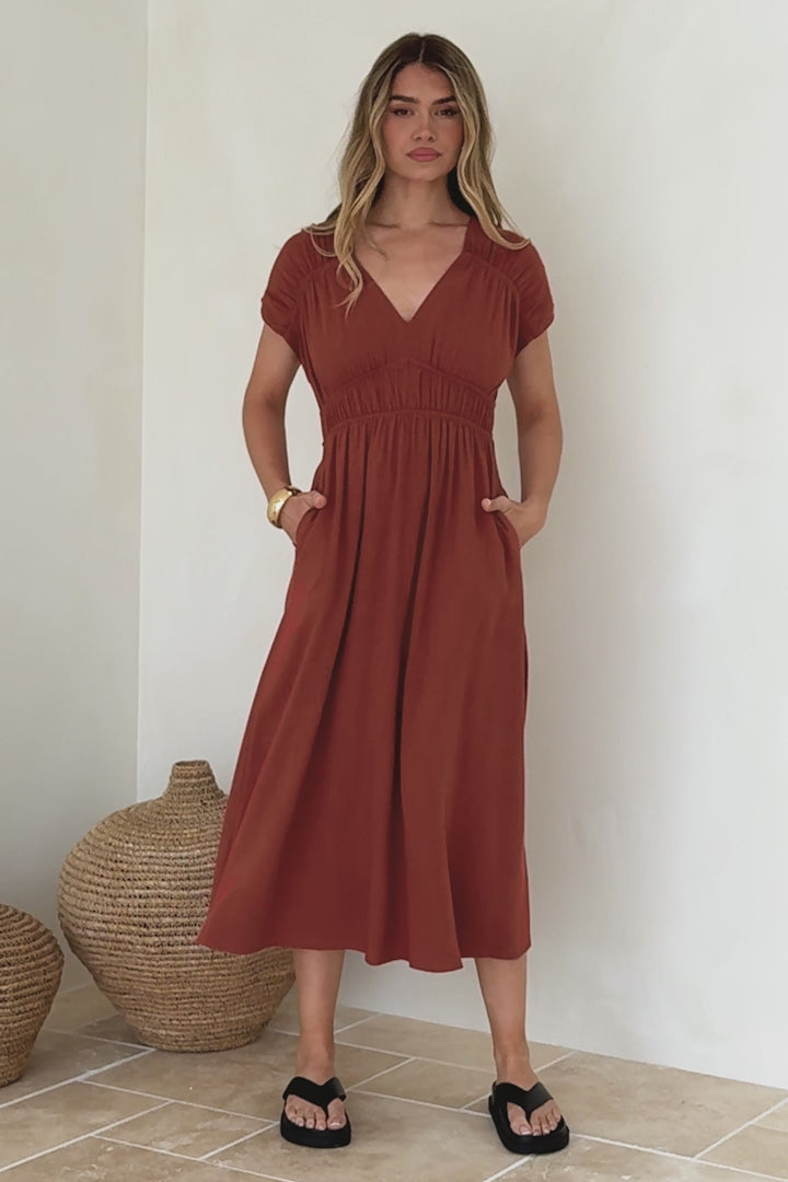 Torin Midi Dress - Gathered and Piping Detailed A-Line Dress with a V-Neckline in Rust
