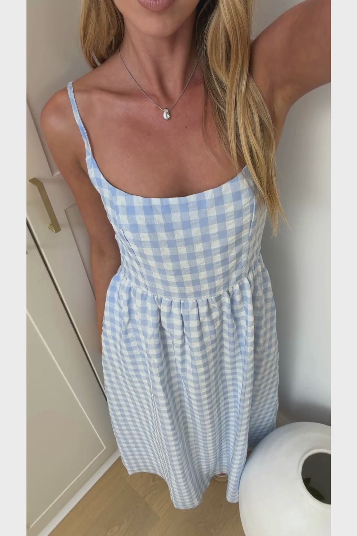 Danessa Midi Dress - Square Neck Sun Dress with Adjustable Straps and Pockets in Blue Gingham
